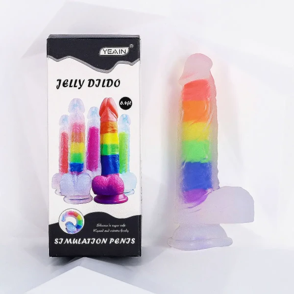 Dương vật giả có đế Jelly Dildo trong suốt 7 sắc màu cầu vồng